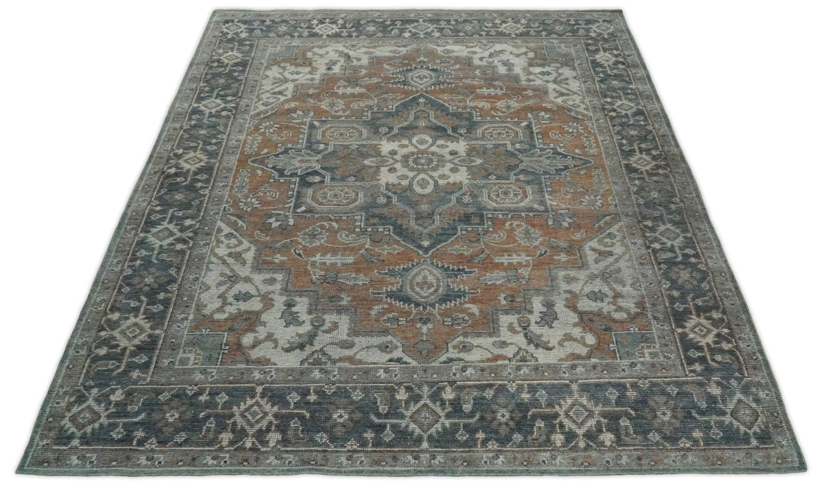 Traditional Distressed Brown And Gray Hand Knotted wool Area Rug.