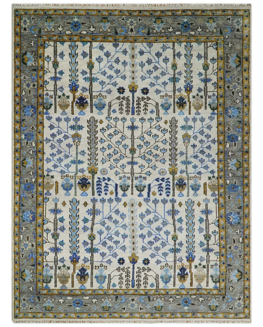 Custom Made Tree of life Hand Knotted Antique Ivory, Blue and Gray Wool area Rug.