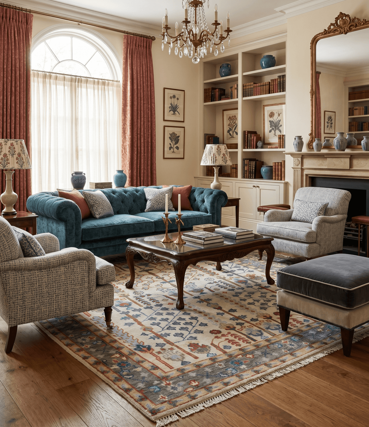 Hand Knotted Antique Ivory, Blue and Gray Traditional Style Oushak Wool Rug.