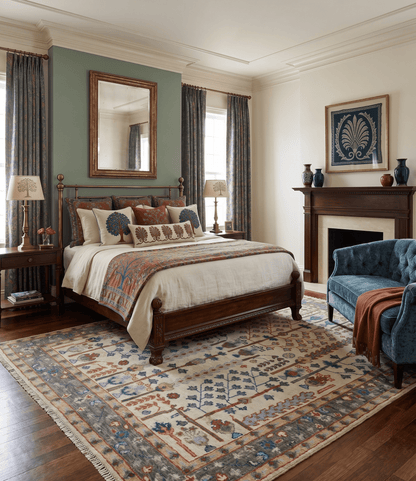 Hand Knotted Antique Ivory, Blue and Gray Traditional Style Oushak Wool Rug.