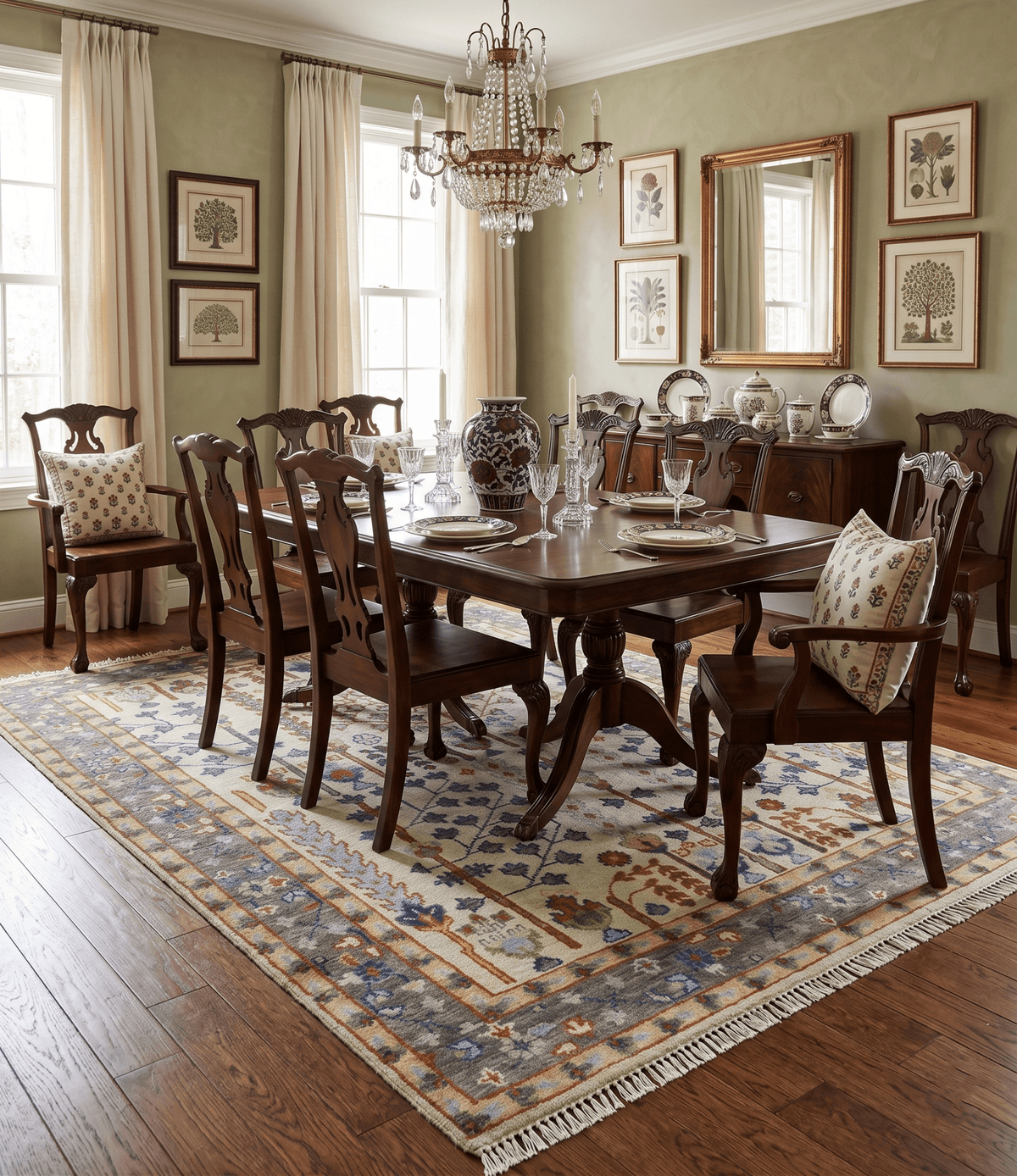 Hand Knotted Antique Ivory, Blue and Gray Traditional Style Oushak Wool Rug.