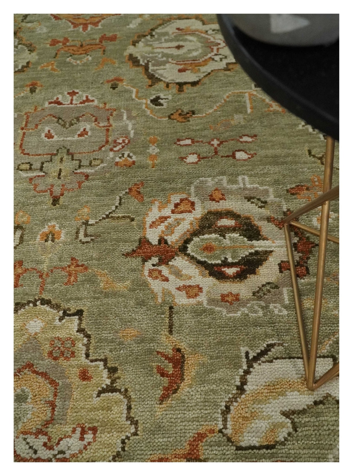 Hand Knotted Olive and Ivory Traditional Oushak Wool Rug.