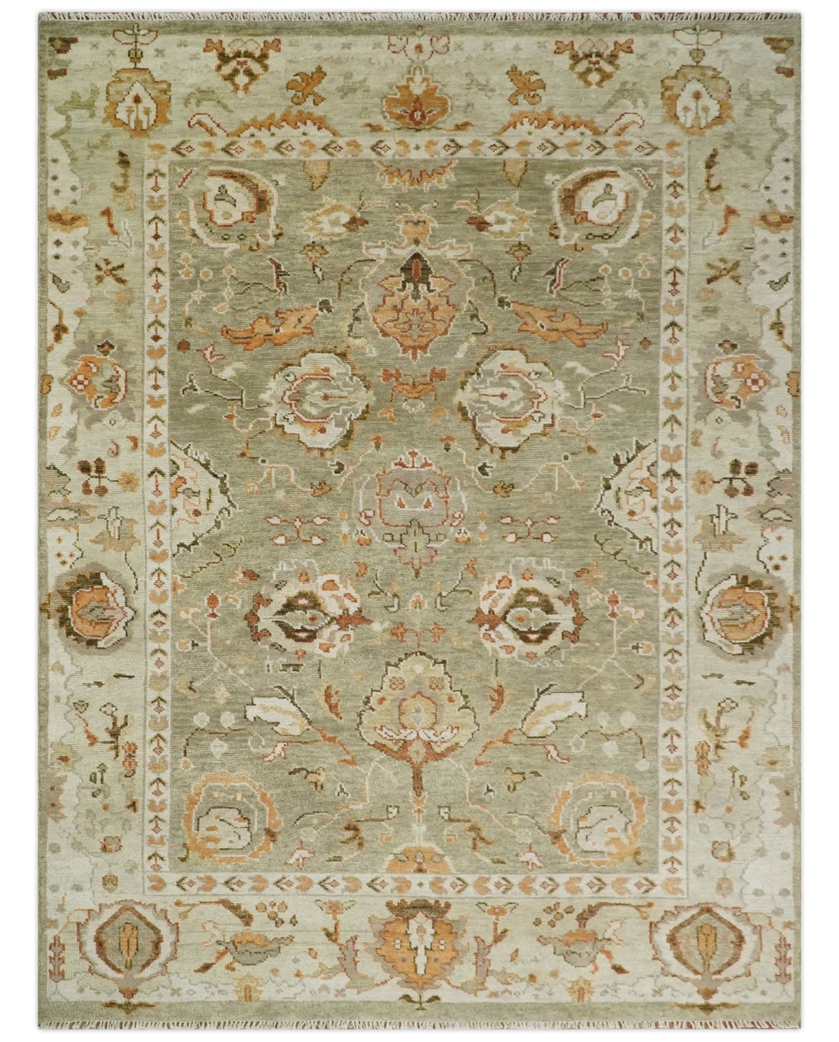 Hand Knotted Olive and Ivory Traditional Oushak Wool Rug.