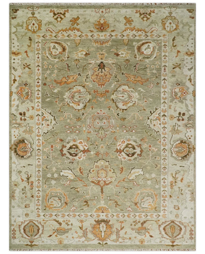 Hand Knotted Olive and Ivory Traditional Oushak Wool Rug.