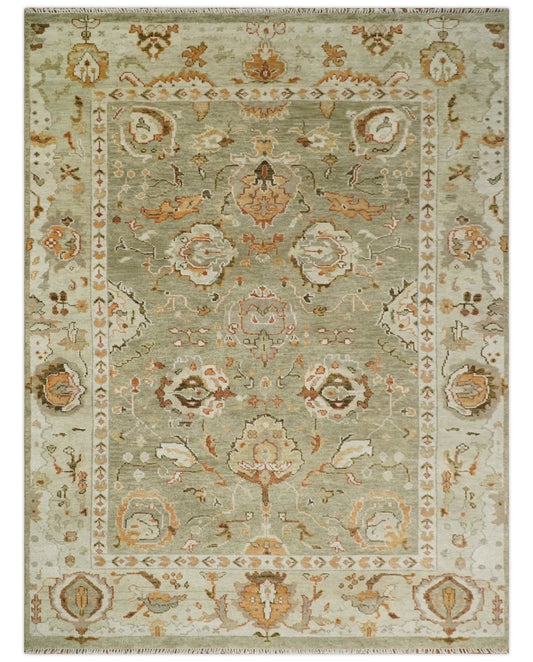 Hand Knotted Olive and Ivory Traditional Oushak Wool Rug.