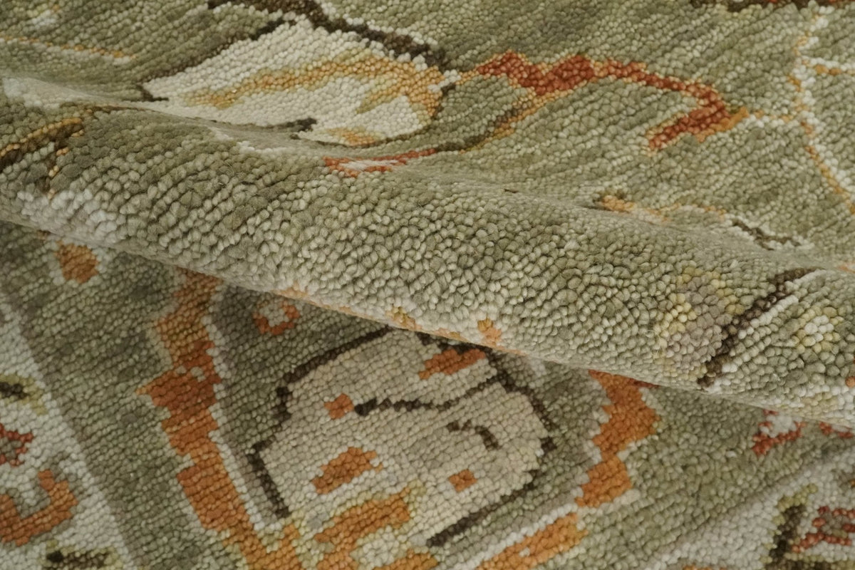 Hand Knotted Olive and Ivory Traditional Oushak Wool Rug.