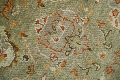 Hand Knotted Olive and Ivory Traditional Oushak Wool Rug.