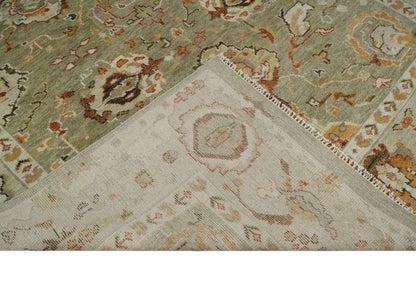 Hand Knotted Olive and Ivory Traditional Oushak Wool Rug.