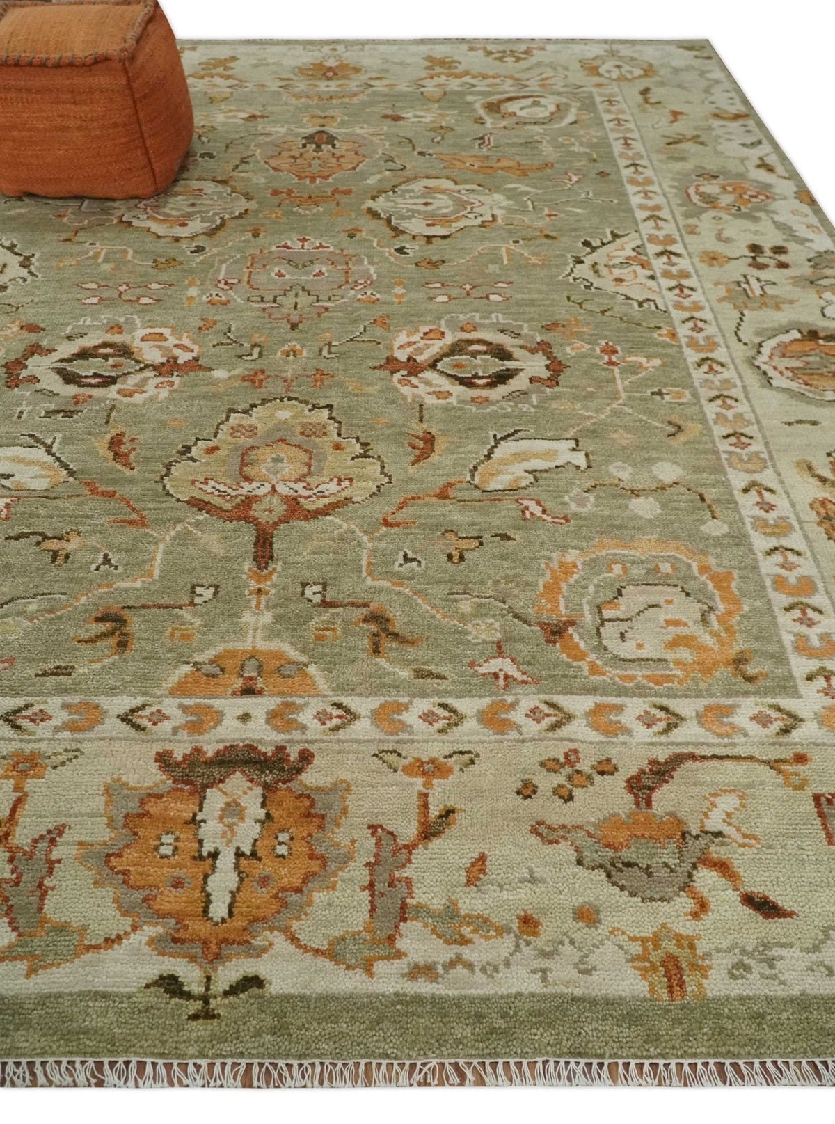 Hand Knotted Olive and Ivory Traditional Oushak Wool Rug.