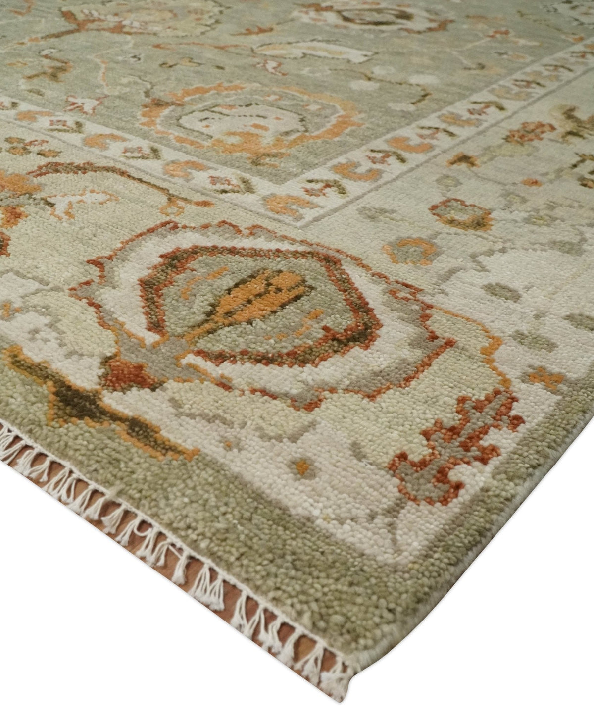 Hand Knotted Olive and Ivory Traditional Oushak Wool Rug.