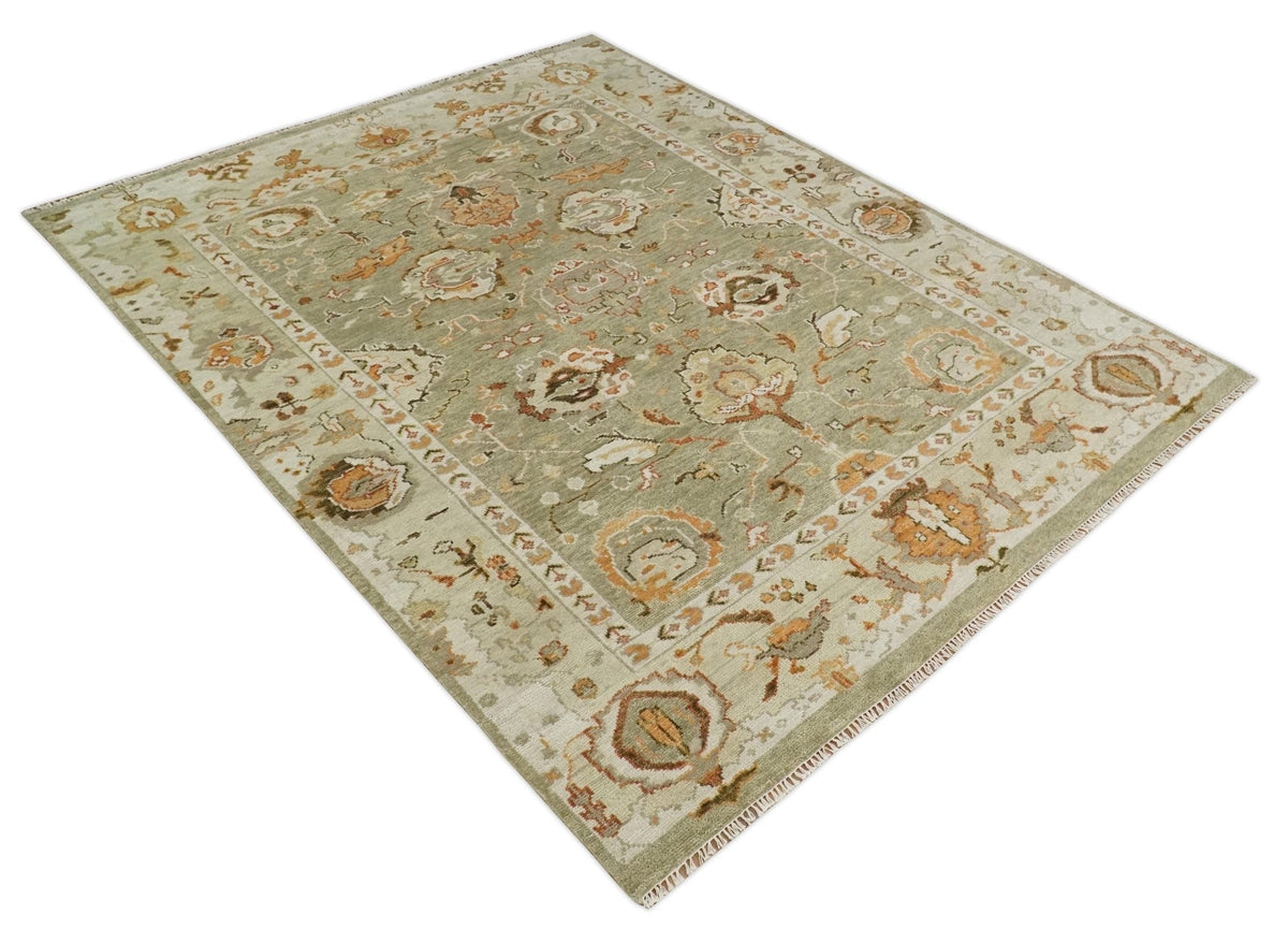 Hand Knotted Olive and Ivory Traditional Oushak Wool Rug.