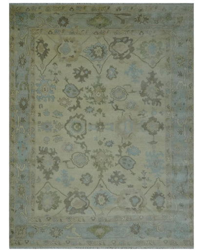 Hand Knotted Antique Style Beige and Silver Traditional Multi Size Oushak Wool Rug.