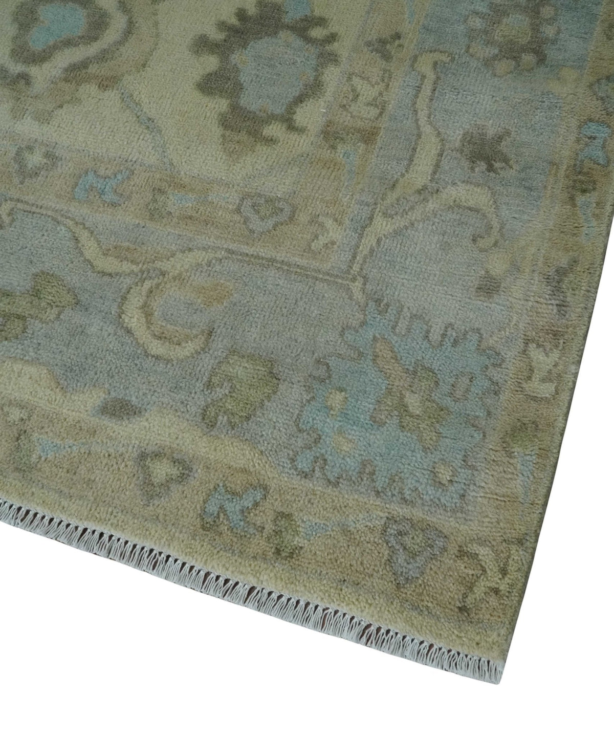Hand Knotted Antique Style Beige and Silver Traditional Multi Size Oushak Wool Rug.