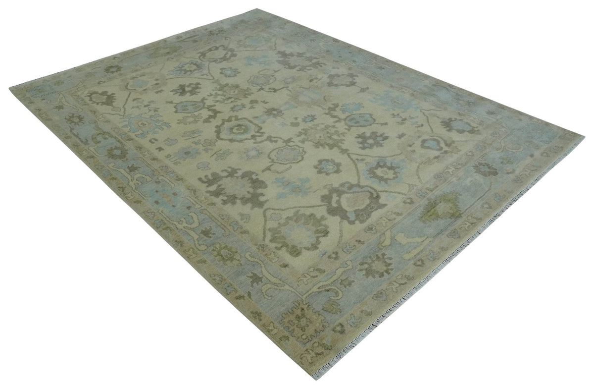 Hand Knotted Antique Style Beige and Silver Traditional Multi Size Oushak Wool Rug.