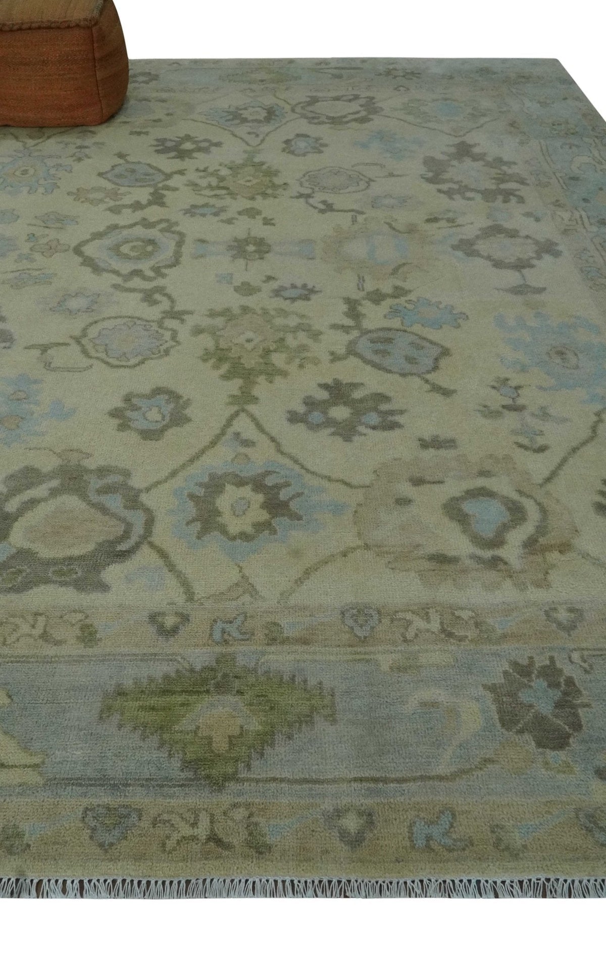 Hand Knotted Antique Style Beige and Silver Traditional Multi Size Oushak Wool Rug.