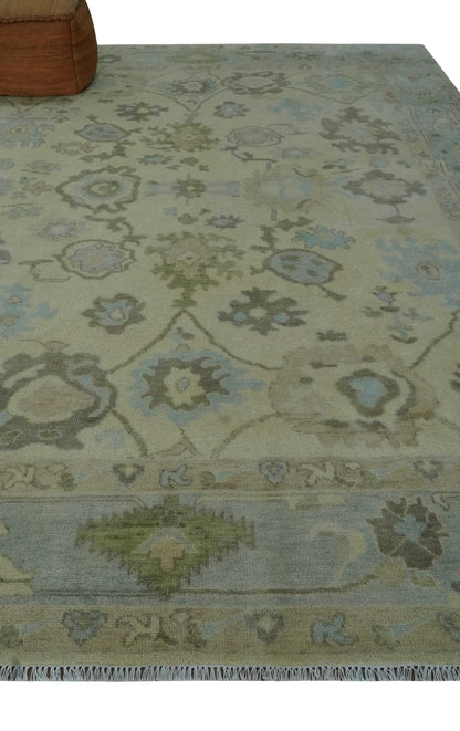 Hand Knotted Antique Style Beige and Silver Traditional Multi Size Oushak Wool Rug.