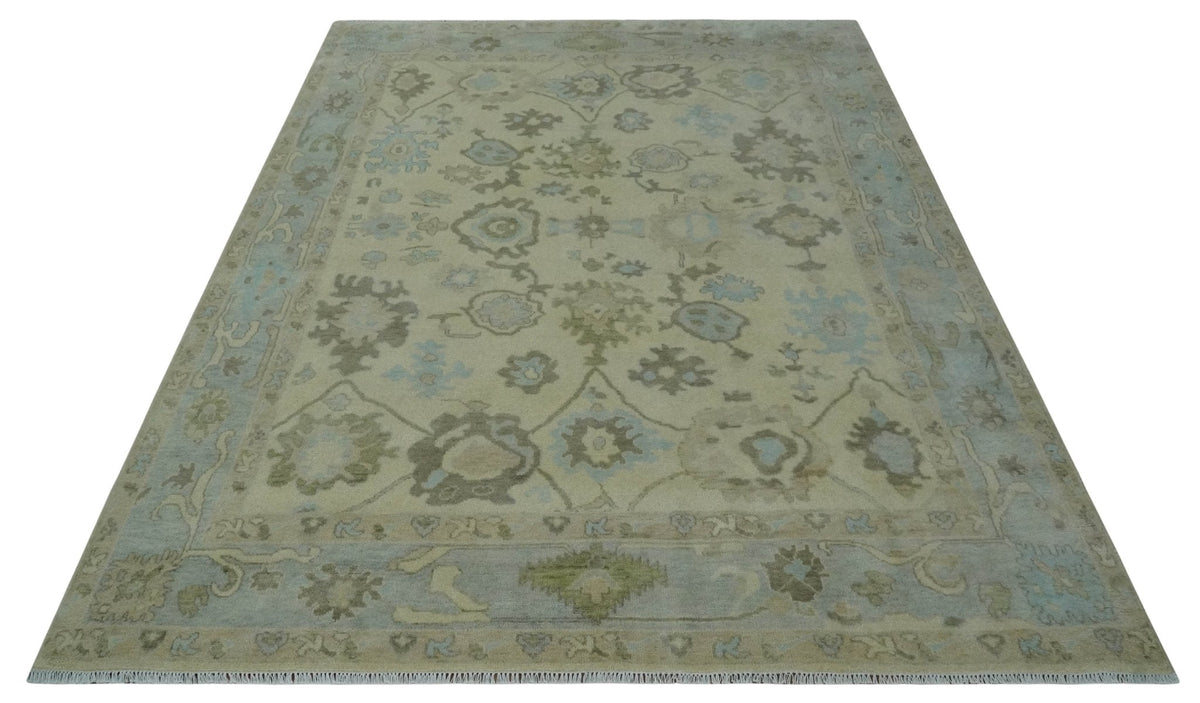 Hand Knotted Antique Style Beige and Silver Traditional Multi Size Oushak Wool Rug.