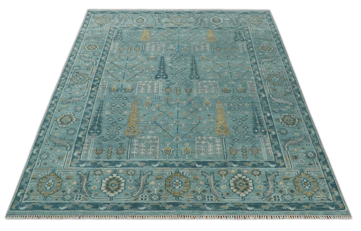 Hand Knotted Teal and Beige Multi Size Traditional Turkish Tree of Life Wool Rug.