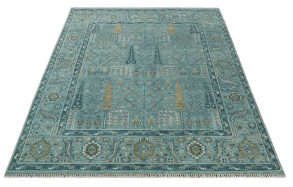 Hand Knotted Teal and Beige Multi Size Traditional Turkish Tree of Life Wool Rug.