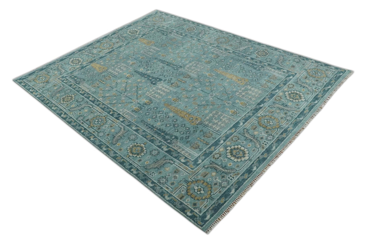 Hand Knotted Teal and Beige Multi Size Traditional Turkish Tree of Life Wool Rug.