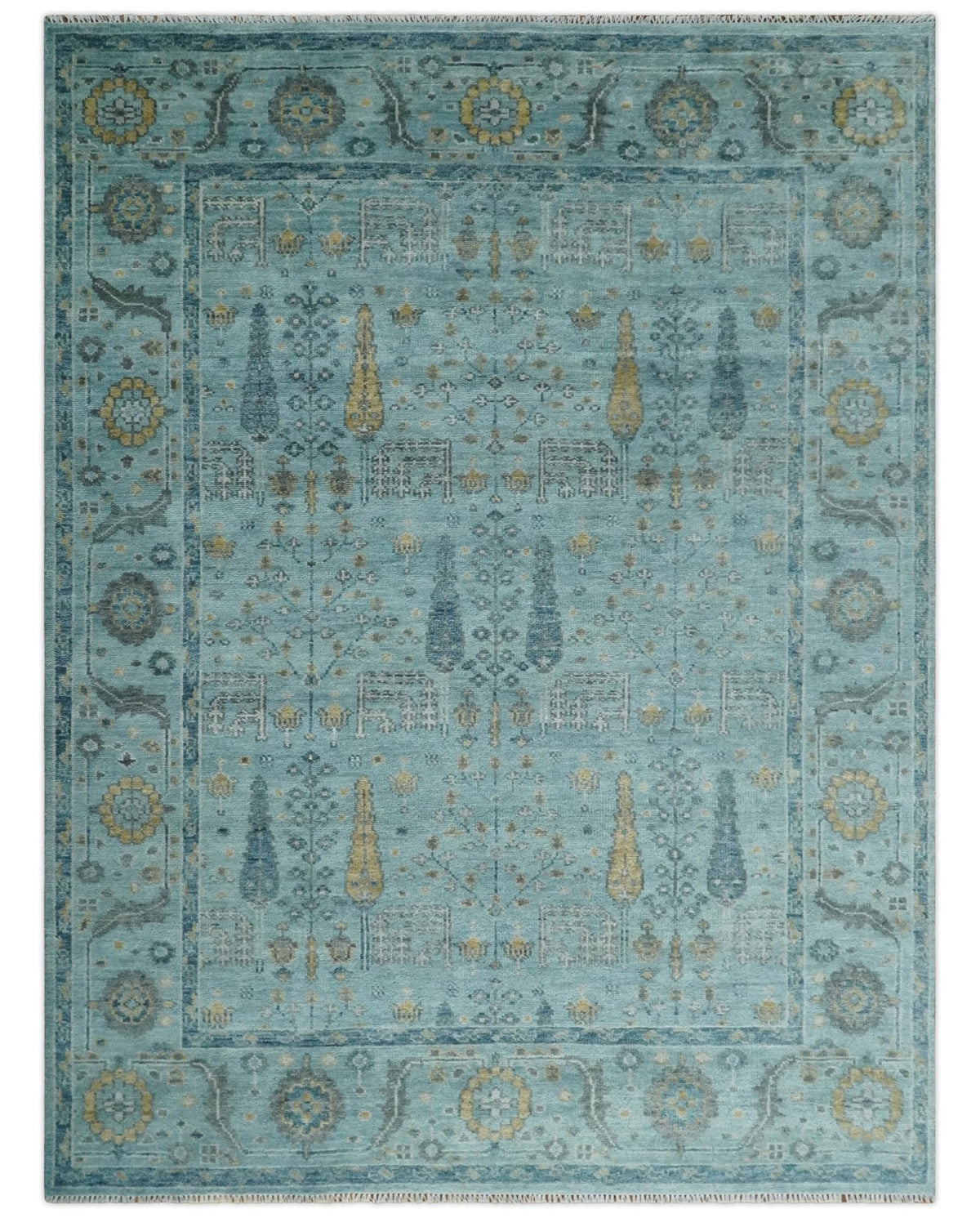 Hand Knotted Teal and Beige Multi Size Traditional Turkish Tree of Life Wool Rug.
