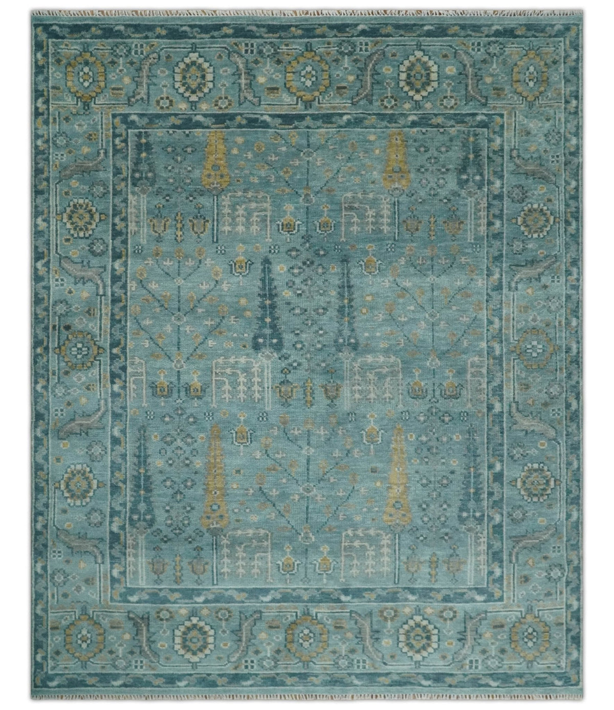 Hand Knotted Teal and Beige Multi Size Traditional Turkish Tree of Life Wool Rug.