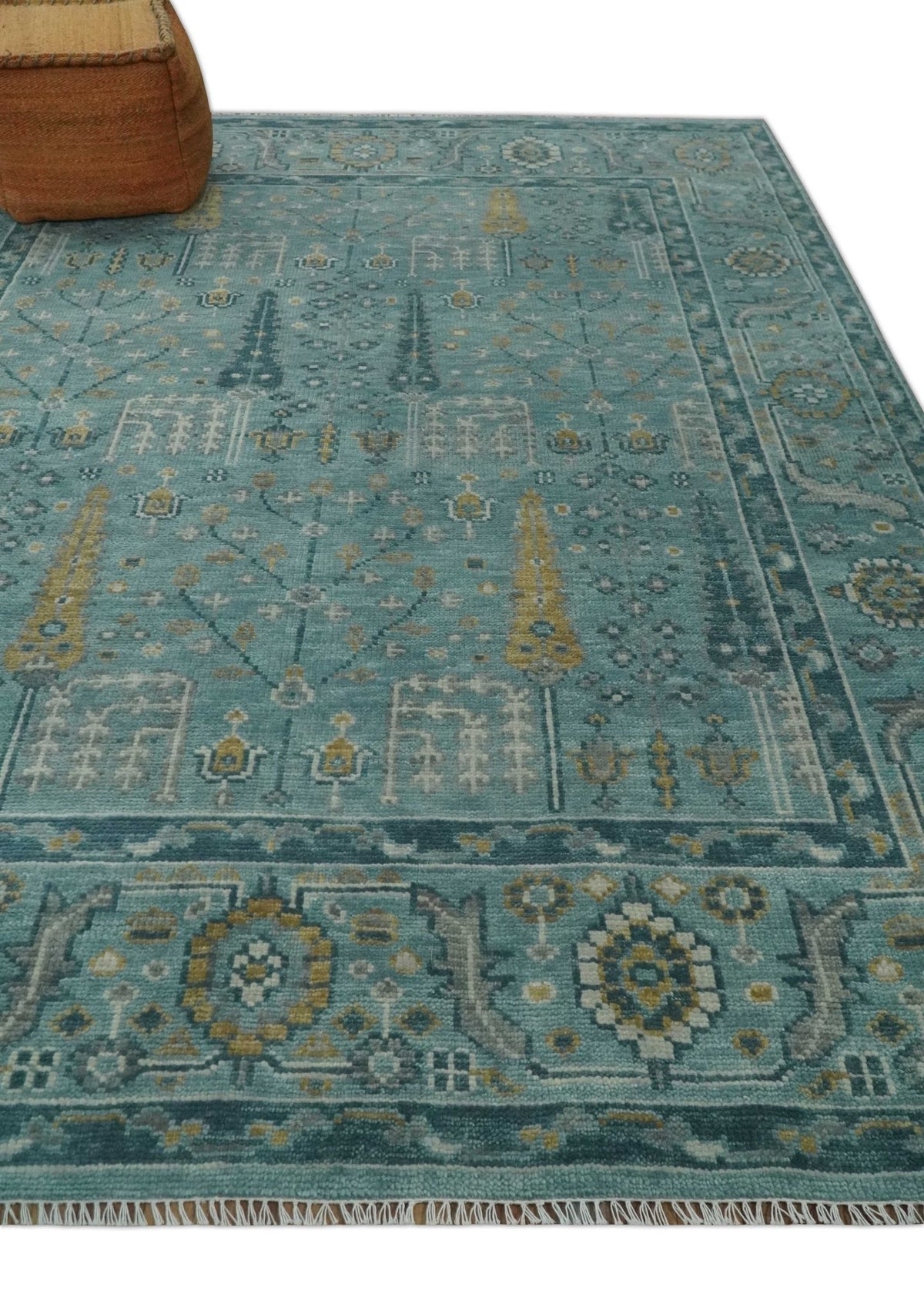 Hand Knotted Teal and Beige Multi Size Traditional Turkish Tree of Life Wool Rug.
