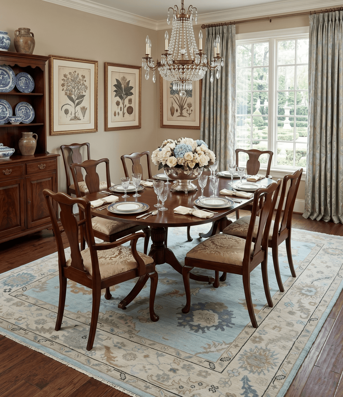 Hand Knotted Beige and Blue Traditional Oushak Design Wool Rug.