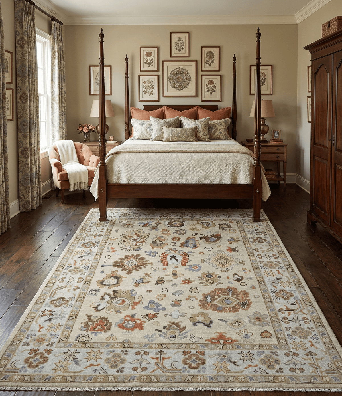 Hand Knotted Beige and Brown Traditional Oushak Wool Area Rug.