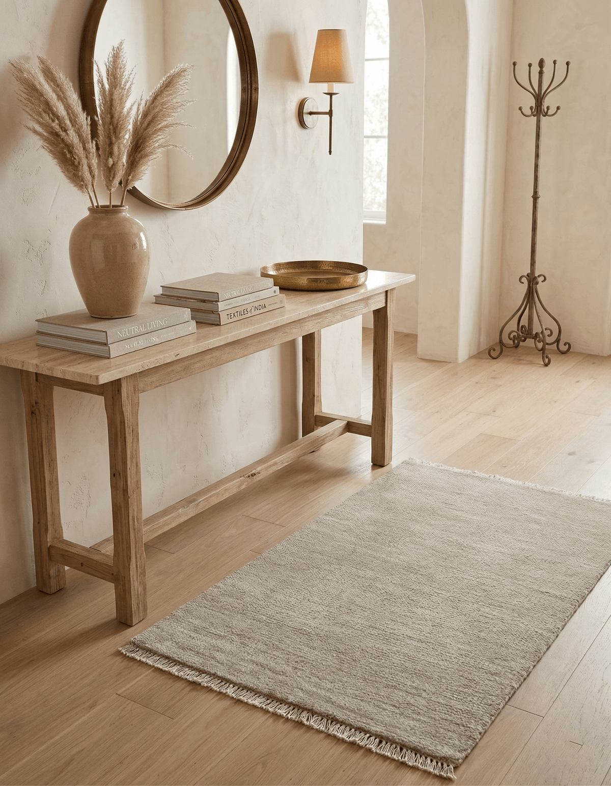 Hand Knotted Beige Modern Solid Design Wool And Silk Rug.