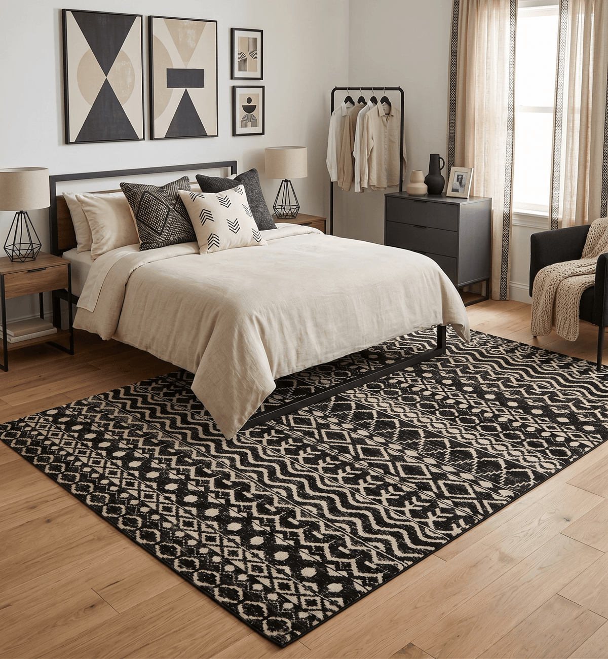 Hand Knotted Black and Ivory Modern Contemporary Southwestern Tribal Trellis Recycled Silk Area Rug.