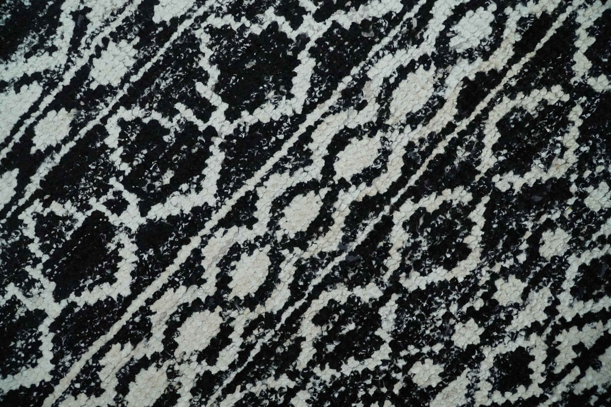 Hand Knotted Black and Ivory Modern Contemporary Tribal Trellis Recycled Silk Area Rug.