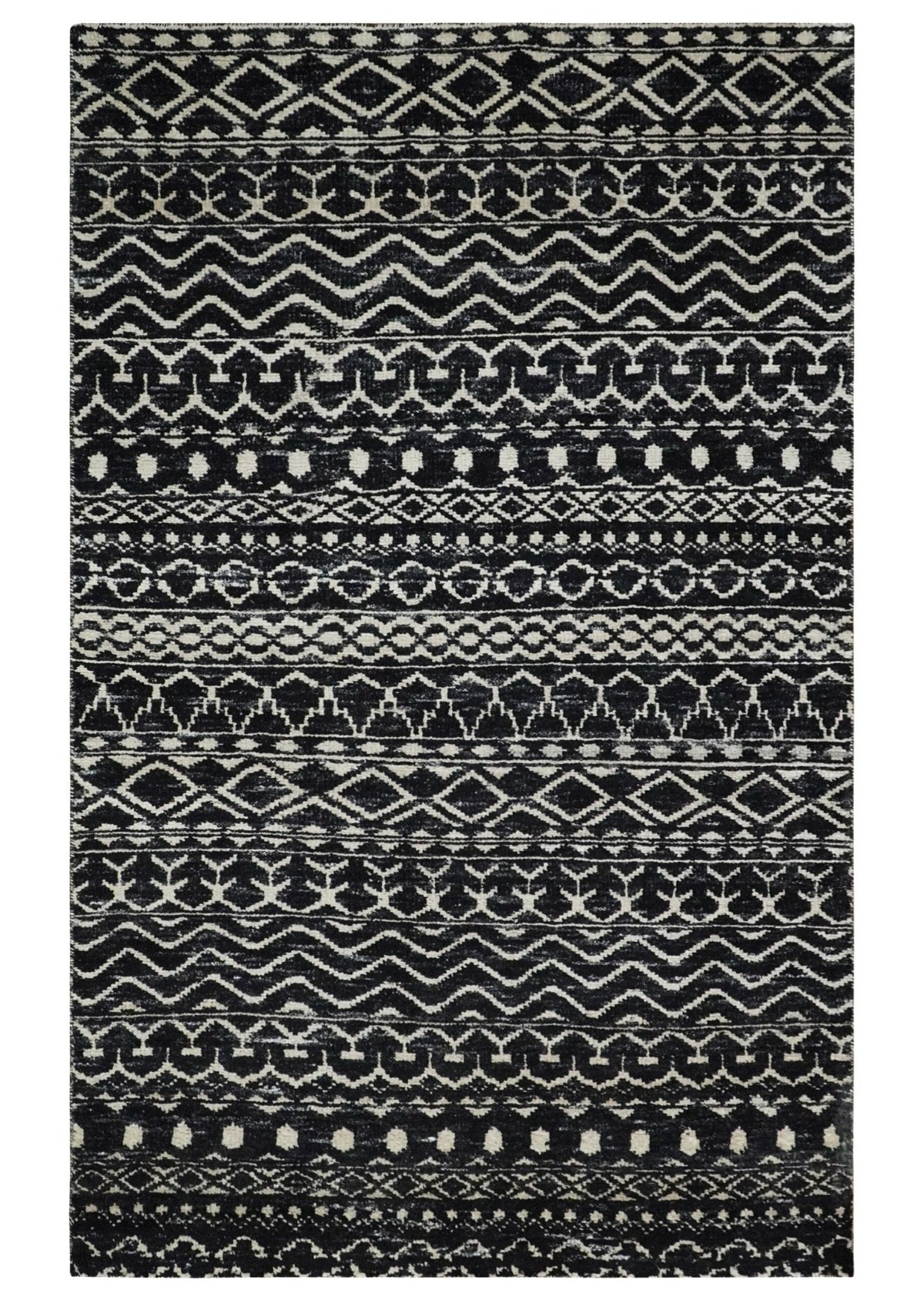 Hand Knotted Black and Ivory Modern Contemporary Tribal Trellis Recycled Silk Area Rug.