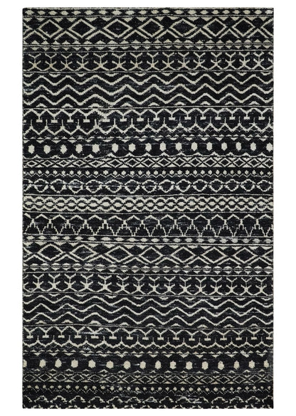 Hand Knotted Black and Ivory Modern Contemporary Tribal Trellis Recycled Silk Area Rug.