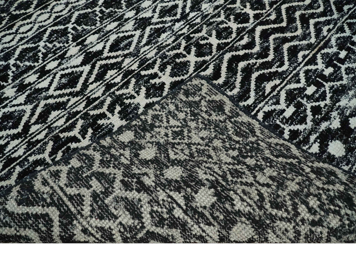 Hand Knotted Black and Ivory Modern Contemporary Tribal Trellis Recycled Silk Area Rug.