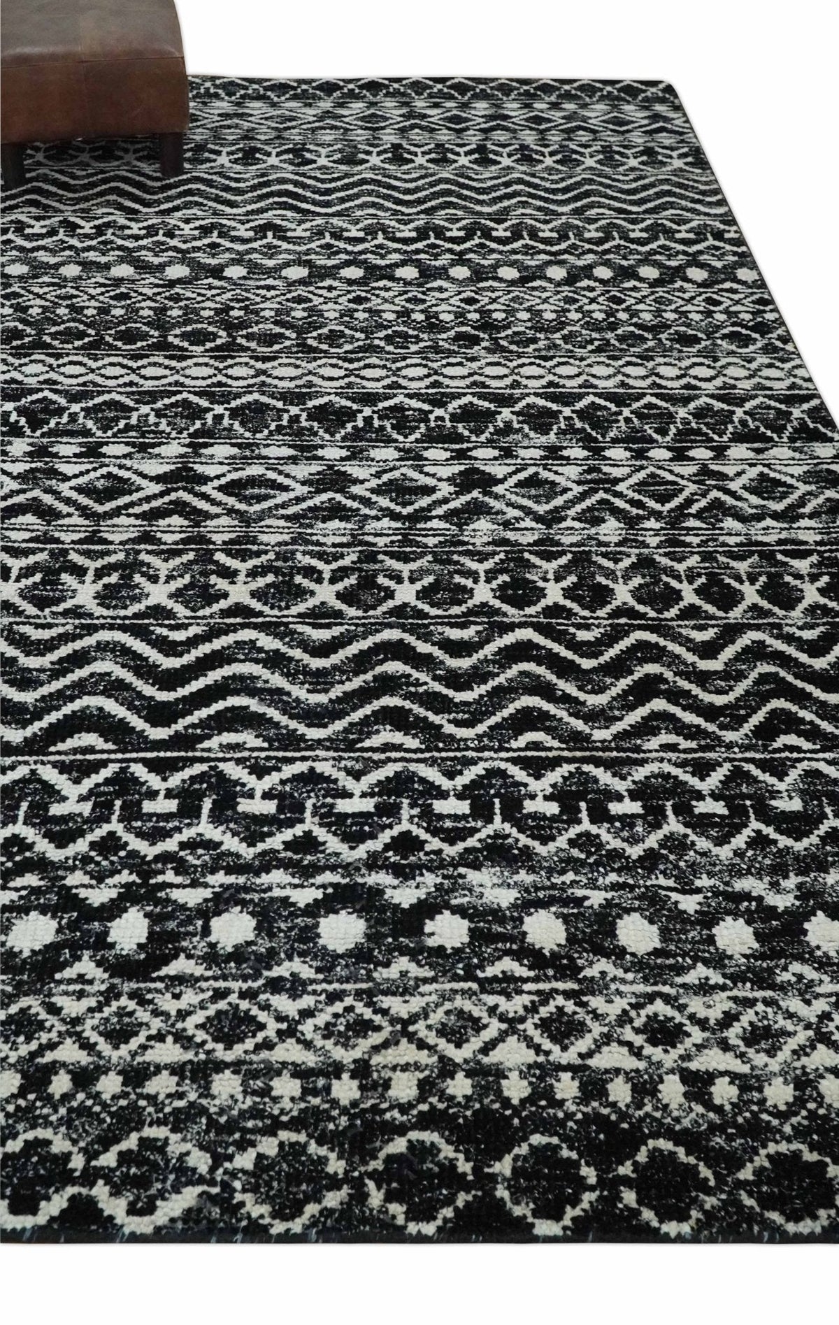Hand Knotted Black and Ivory Modern Contemporary Tribal Trellis Recycled Silk Area Rug.