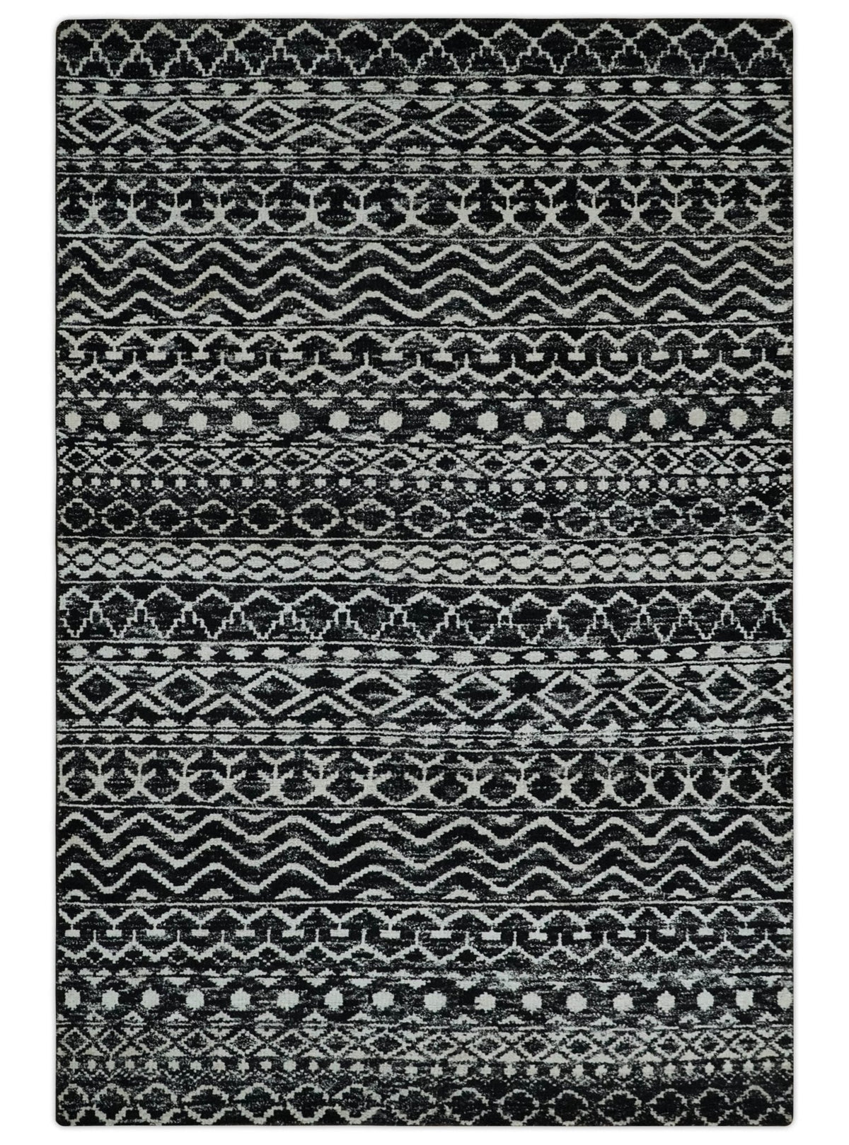 Hand Knotted Black and Ivory Modern Contemporary Tribal Trellis Recycled Silk Area Rug.