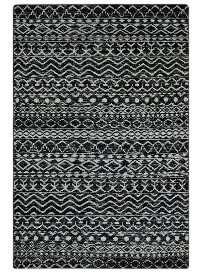 Hand Knotted Black and Ivory Modern Contemporary Tribal Trellis Recycled Silk Area Rug.