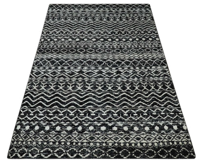 Hand Knotted Black and Ivory Modern Contemporary Tribal Trellis Recycled Silk Area Rug.