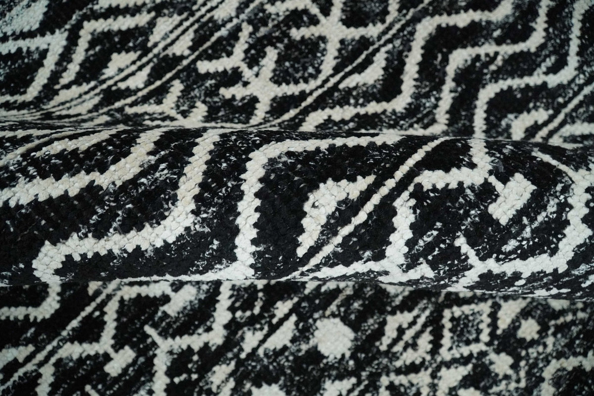 Hand Knotted Black and Ivory Modern Contemporary Tribal Trellis Recycled Silk Area Rug.