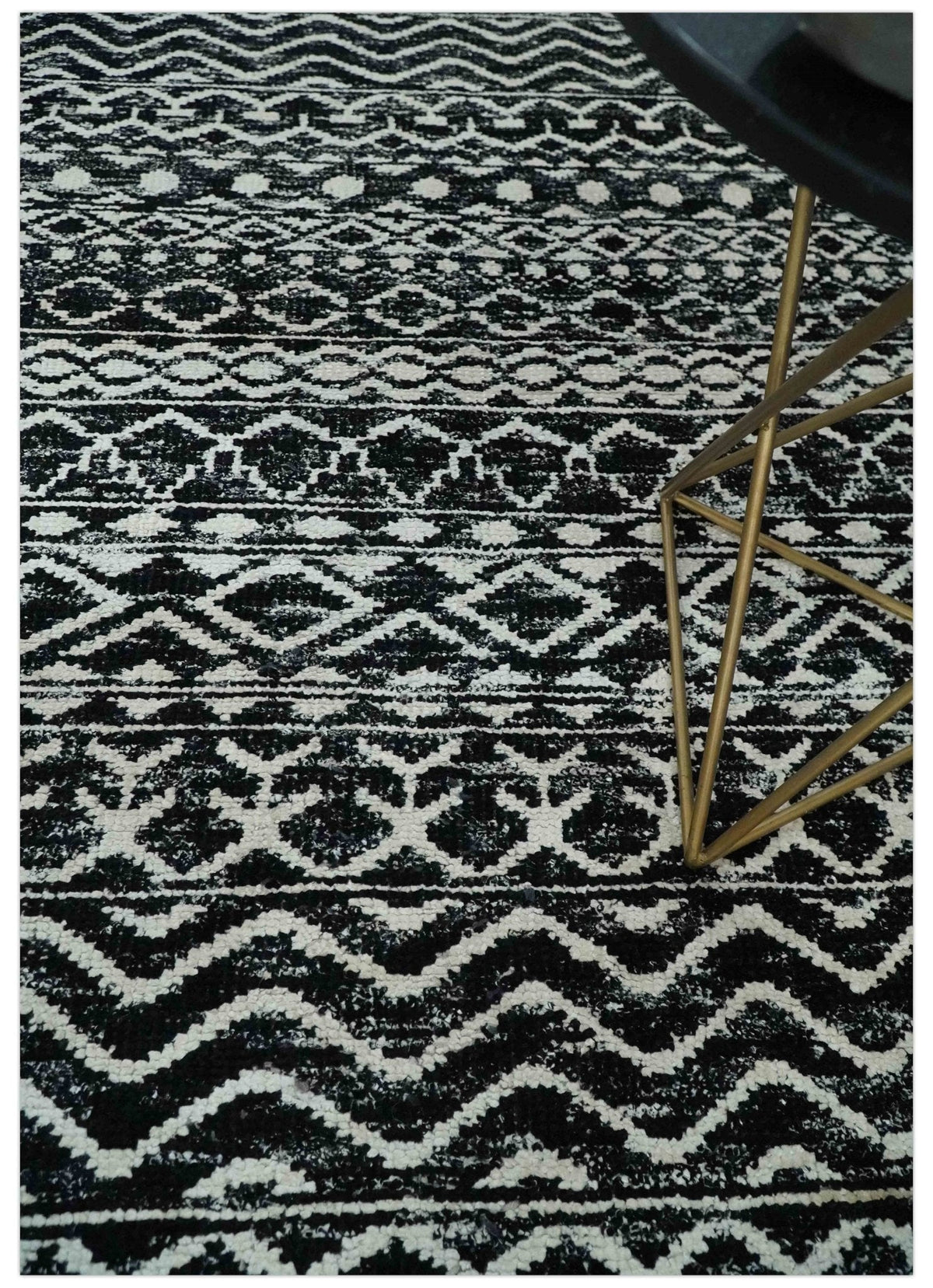 Hand Knotted Black and Ivory Modern Contemporary Tribal Trellis Recycled Silk Area Rug.