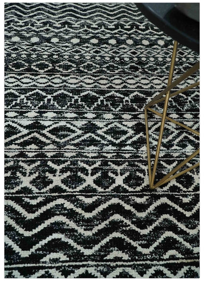 Hand Knotted Black and Ivory Modern Contemporary Tribal Trellis Recycled Silk Area Rug.