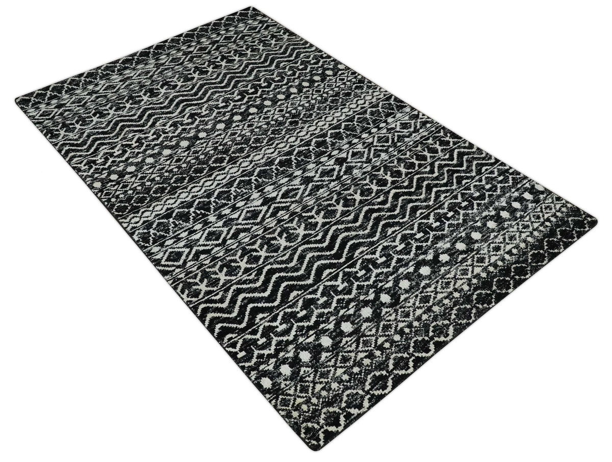 Hand Knotted Black and Ivory Modern Contemporary Tribal Trellis Recycled Silk Area Rug.