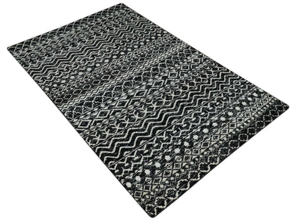 Hand Knotted Black and Ivory Modern Contemporary Tribal Trellis Recycled Silk Area Rug.