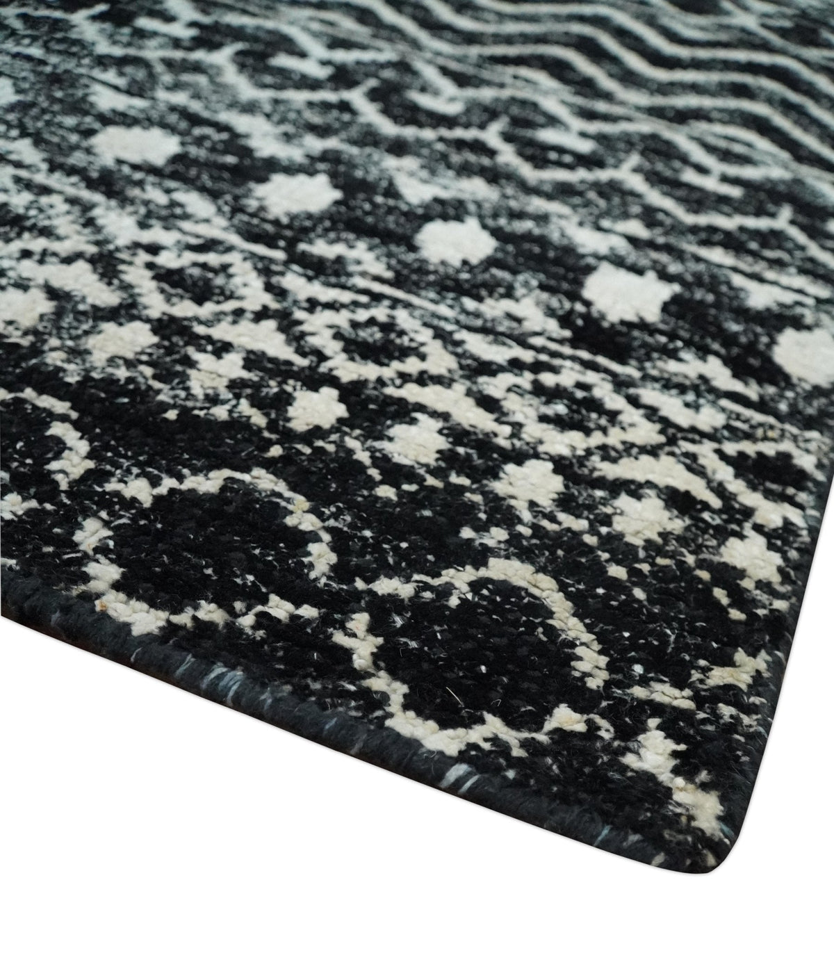 Hand Knotted Black and Ivory Modern Contemporary Tribal Trellis Recycled Silk Area Rug.