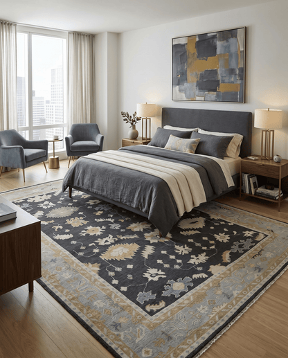 Hand Knotted Black, Beige and Silver Traditional Oushak Wool Rug.