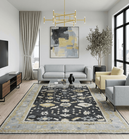 Hand Knotted Black, Beige and Silver Traditional Oushak Wool Rug.