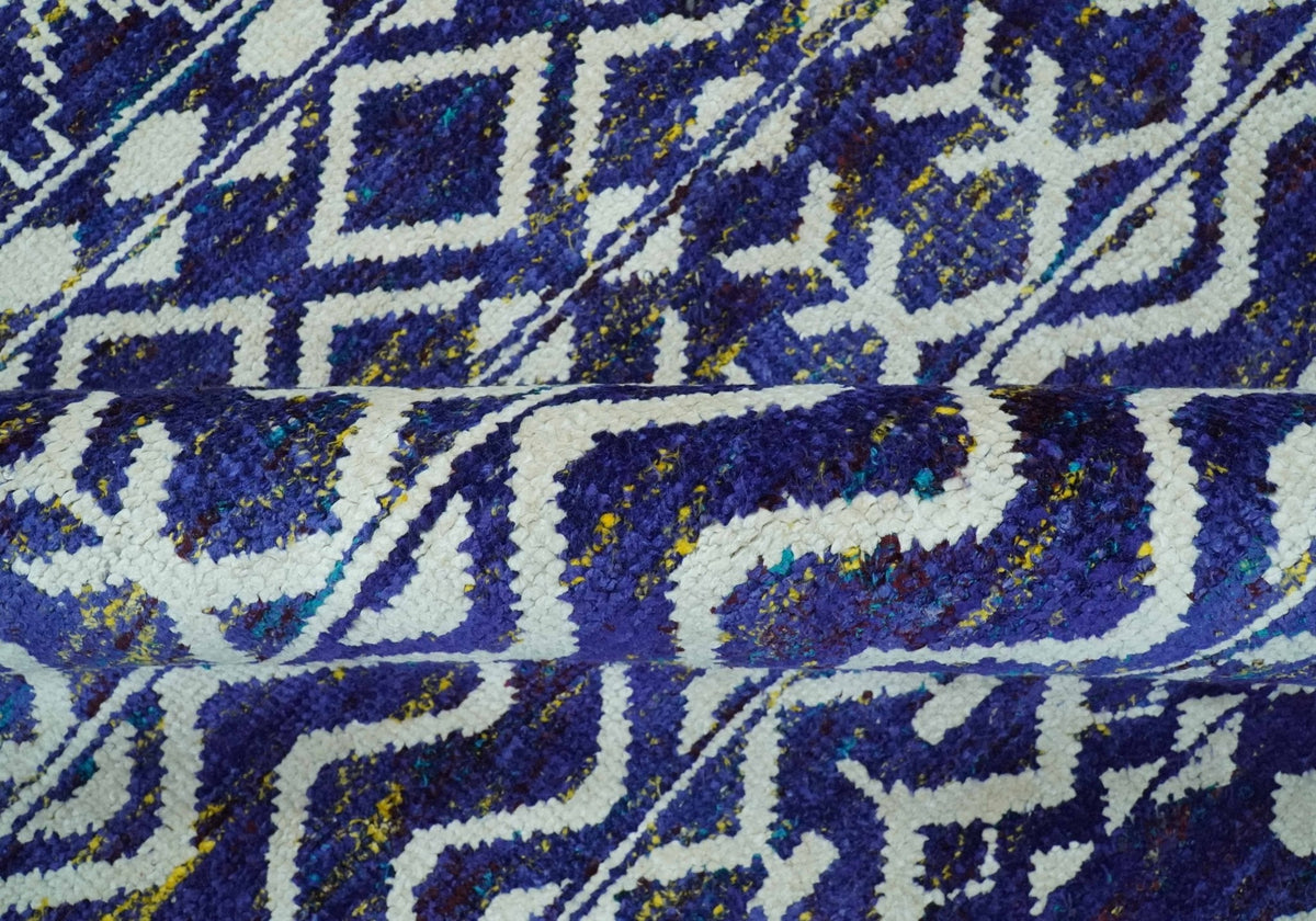 Hand Knotted Blue and Ivory 8x10 Southwestern Tribal Trellis Recycled Art Silk Area Rug.