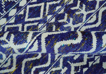 Hand Knotted Blue and Ivory 8x10 Southwestern Tribal Trellis Recycled Art Silk Area Rug.