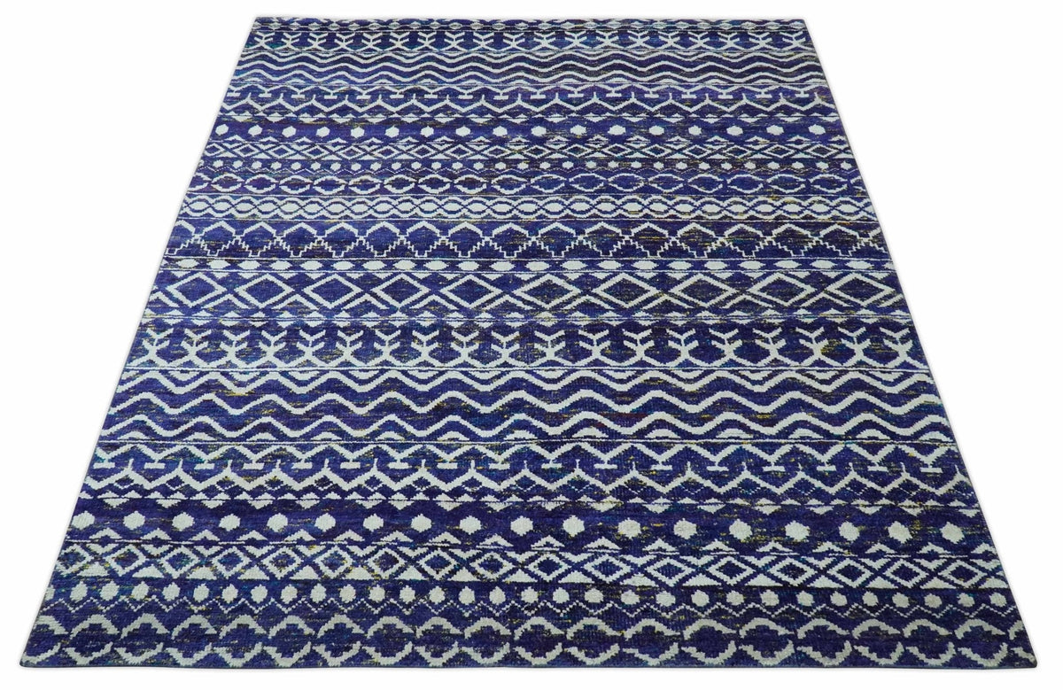 Hand Knotted Blue and Ivory 8x10 Southwestern Tribal Trellis Recycled Art Silk Area Rug.